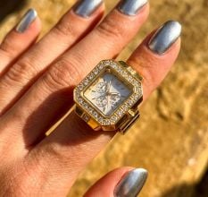 Handmade Stainless Steel 18K Gold Studded Ring Watch
